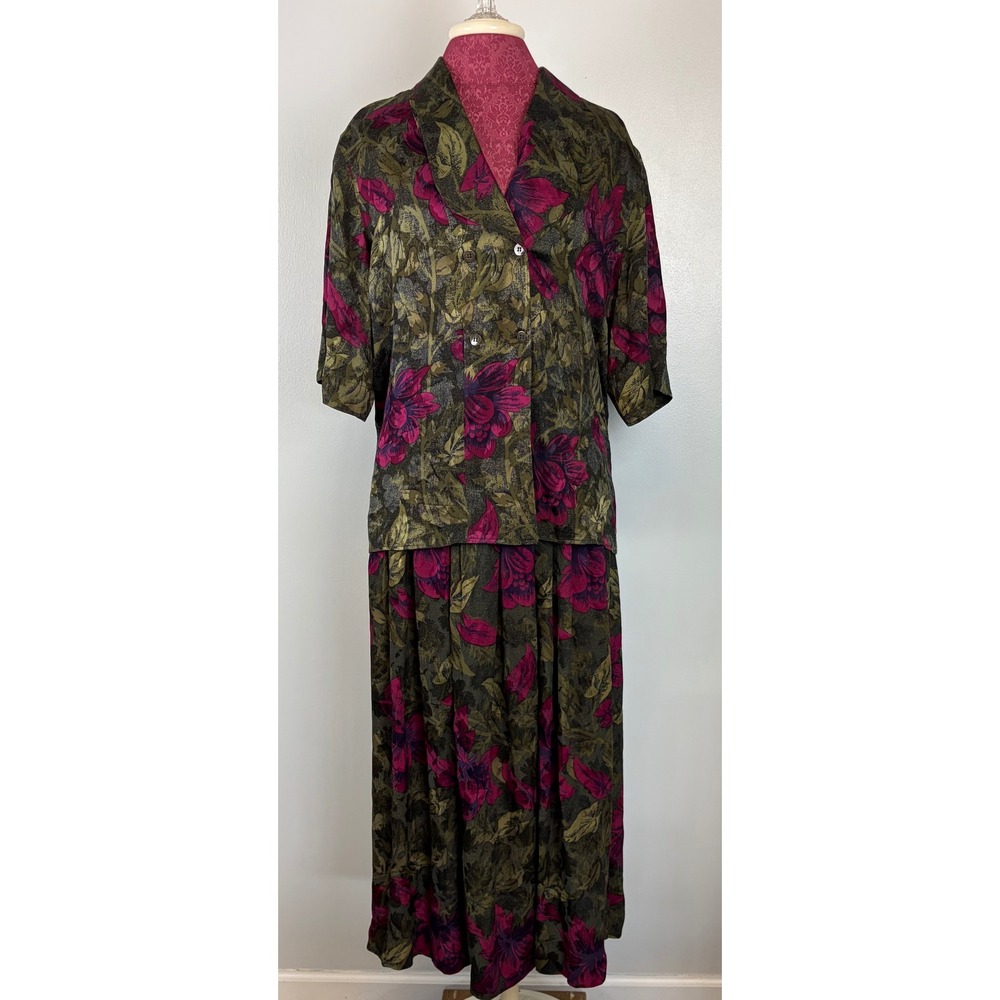 Jim Heilman Vintage 100% Silk 2 Piece Floral Skirt 12 Set Olive Purple Pleated